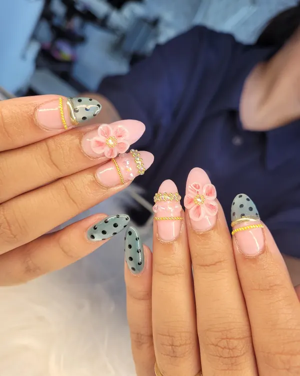 3D flowers and polka dots nail art by Divine Grace Nails Studio, Edmonton