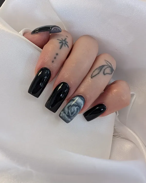 Black with a marble rose nail art by Divine Grace Nails Studio, Edmonton