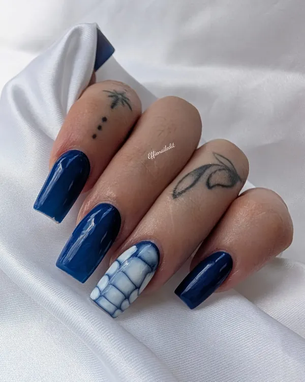 Navy with a white scale accent nail art by Divine Grace Nails Studio, Edmonton