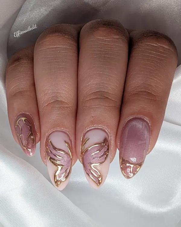 Pink butterfly with gold lines nail art by Divine Grace Nails Studio, Edmonton