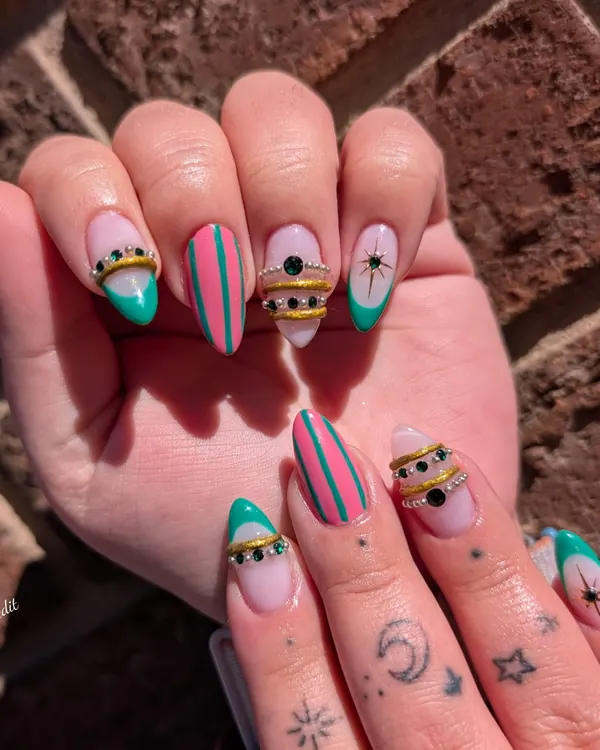 Pink and green stripes with gems nail art by Divine Grace Nails Studio, Edmonton