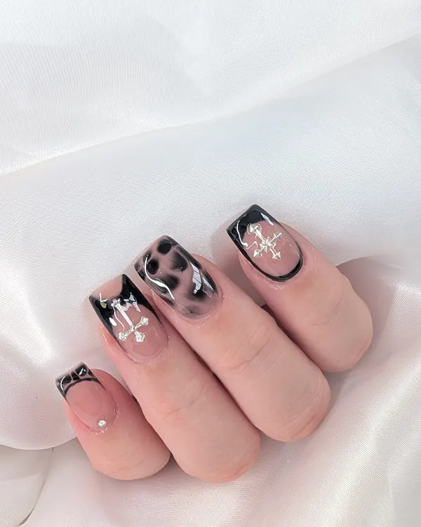 Smoky black with silver crosses nail art by Divine Grace Nails Studio, Edmonton